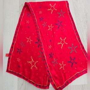 Red Festive Scarf Silk 100% Yellow Blue Gold Green Stars Vintage